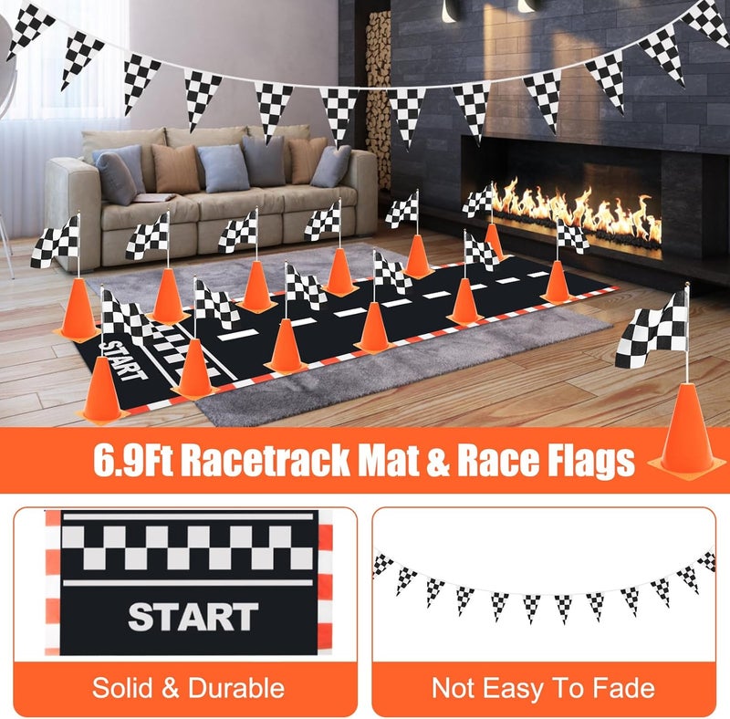 Anglekai 12+24 Traffic Cones and Racing Checkered Flags, 24 Checkered Flags with Sticks/ 12 Plastic Traffic Cones/ 9.8Ft Checkered Pennant Banner/ 6.56Ft Racetrack Floor Running Mat for Theme Party - Image 4